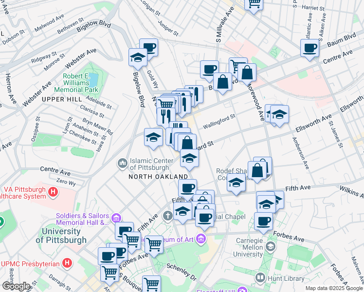 map of restaurants, bars, coffee shops, grocery stores, and more near 216 Melwood Avenue in Pittsburgh