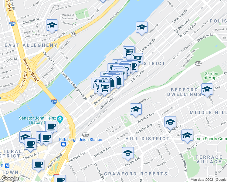 map of restaurants, bars, coffee shops, grocery stores, and more near 1808 Penn Ave in Pittsburgh