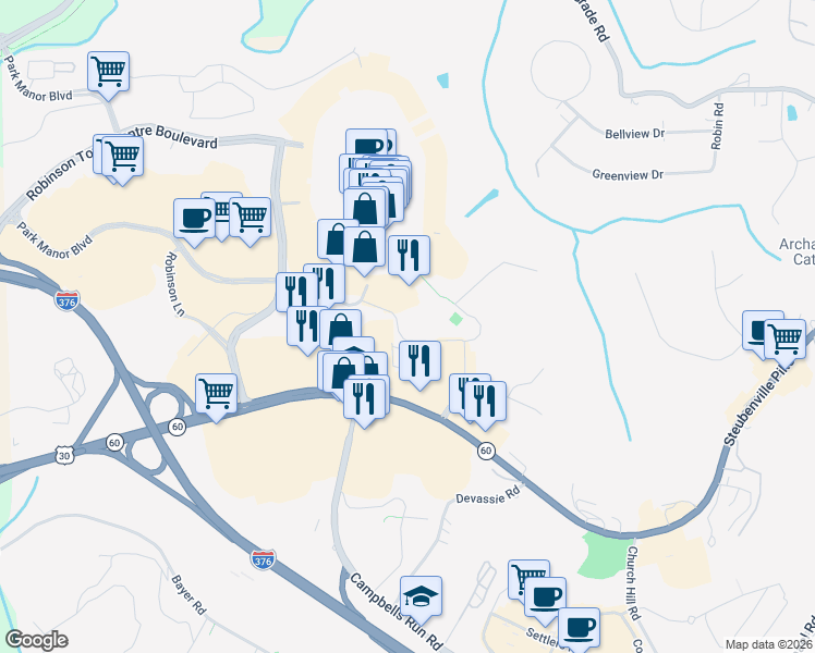 map of restaurants, bars, coffee shops, grocery stores, and more near 301 Hightower Boulevard in Pittsburgh