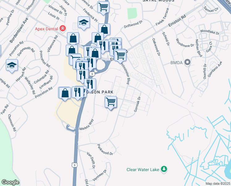 map of restaurants, bars, coffee shops, grocery stores, and more near 59 Downing Street in Old Bridge
