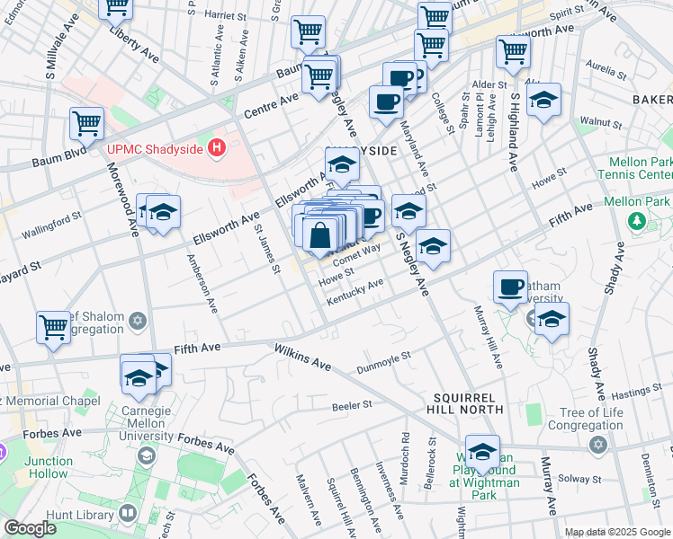 map of restaurants, bars, coffee shops, grocery stores, and more near in Pittsburgh