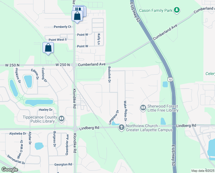 map of restaurants, bars, coffee shops, grocery stores, and more near 2216 Bobolink Drive in West Lafayette