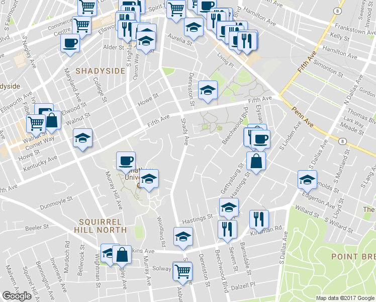 map of restaurants, bars, coffee shops, grocery stores, and more near 1085 Shady Avenue in Pittsburgh