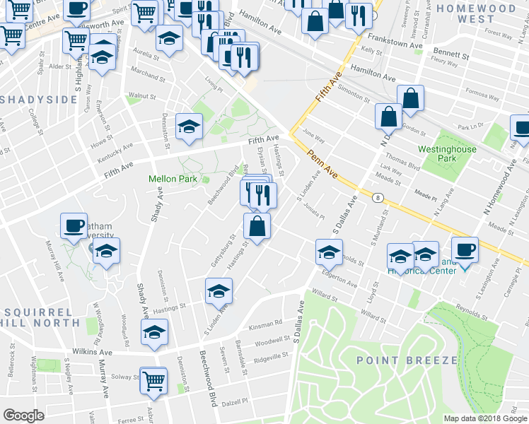 map of restaurants, bars, coffee shops, grocery stores, and more near 350 Hastings Street in Pittsburgh