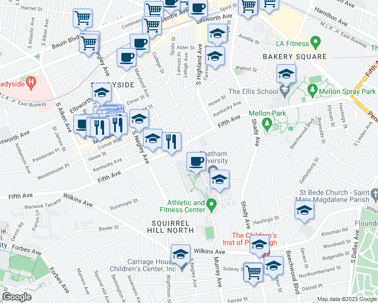 map of restaurants, bars, coffee shops, grocery stores, and more near 5830 Fifth Avenue in Pittsburgh