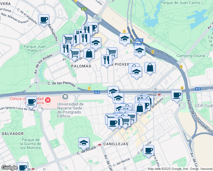 map of restaurants, bars, coffee shops, grocery stores, and more near 12 Calle de las Peonías in Madrid