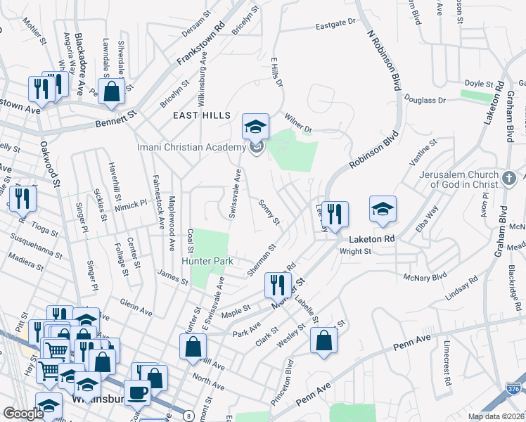 map of restaurants, bars, coffee shops, grocery stores, and more near 2047 Sonny Street in Pittsburgh