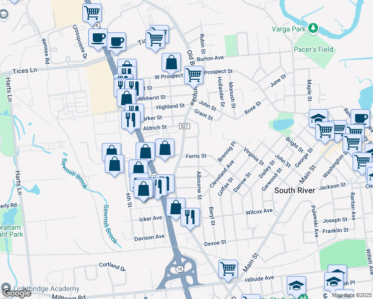 map of restaurants, bars, coffee shops, grocery stores, and more near 410 Old Bridge Turnpike in South River