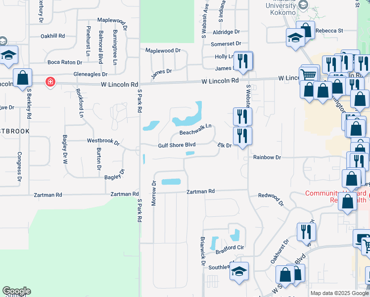 map of restaurants, bars, coffee shops, grocery stores, and more near 923 Gulf Shore Boulevard in Kokomo