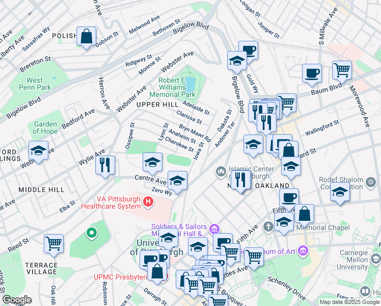 map of restaurants, bars, coffee shops, grocery stores, and more near 915 Shawnee Street in Pittsburgh