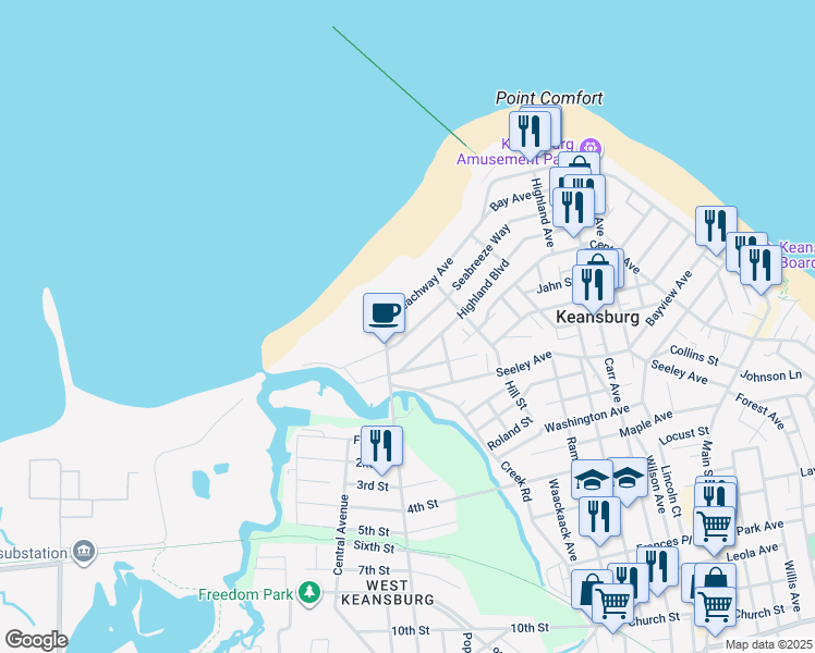 map of restaurants, bars, coffee shops, grocery stores, and more near 179 Seabreeze Way in Keansburg