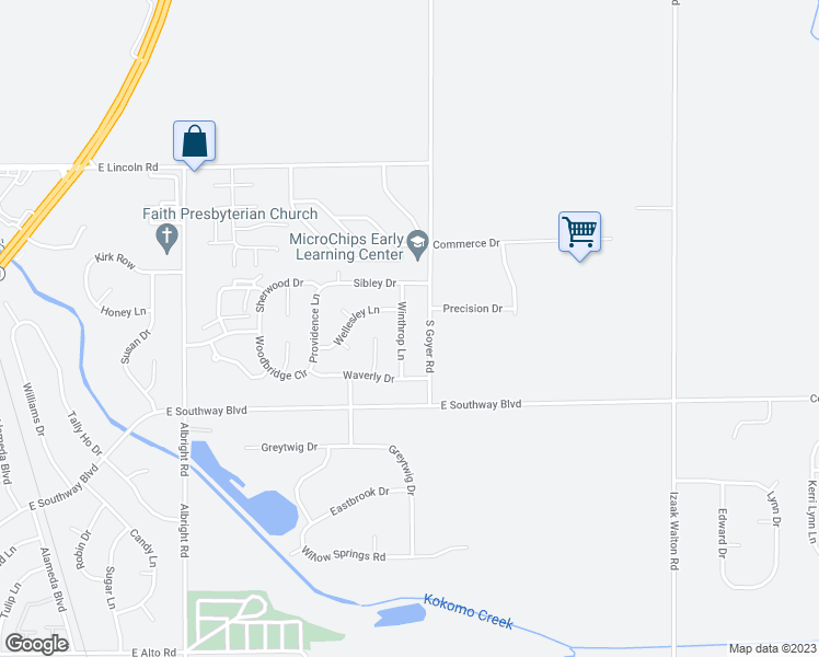 map of restaurants, bars, coffee shops, grocery stores, and more near 3108 Winthrop Lane in Kokomo