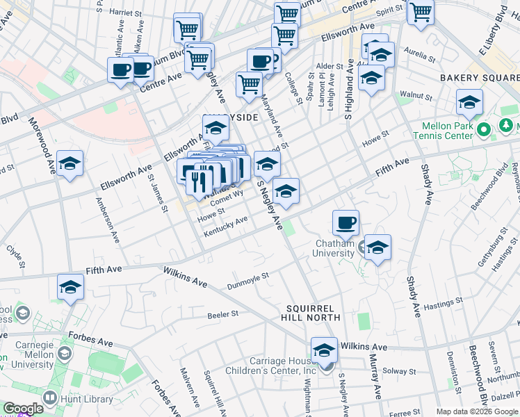 map of restaurants, bars, coffee shops, grocery stores, and more near 5619 Kentucky Avenue in Pittsburgh