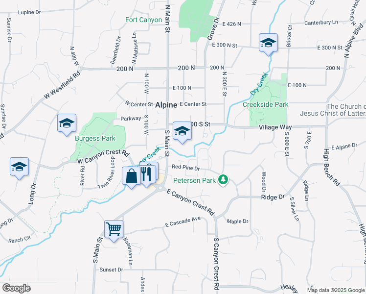 map of restaurants, bars, coffee shops, grocery stores, and more near 195 South Main Street in Alpine