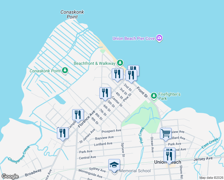 map of restaurants, bars, coffee shops, grocery stores, and more near 403 Florence Avenue in Union Beach