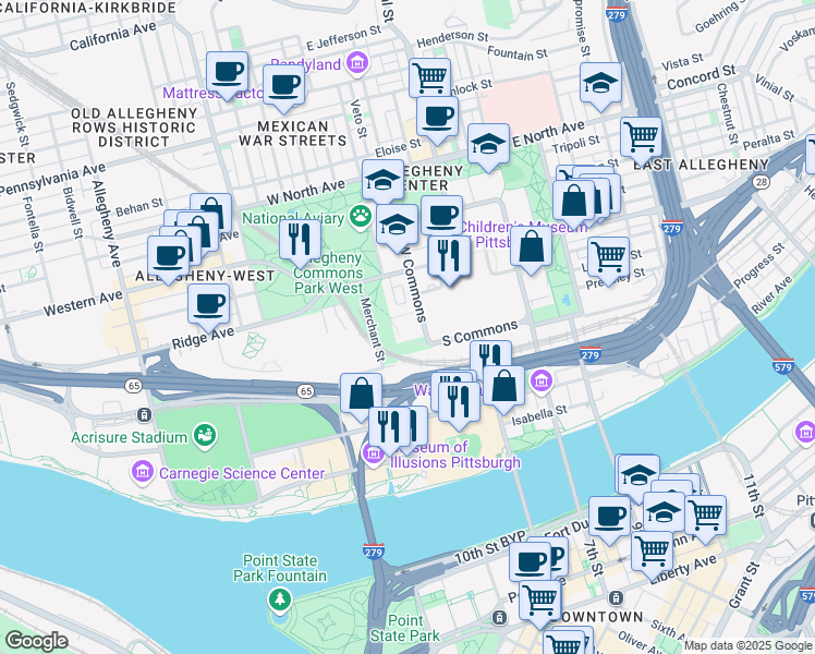 map of restaurants, bars, coffee shops, grocery stores, and more near 401 West Commons in Pittsburgh