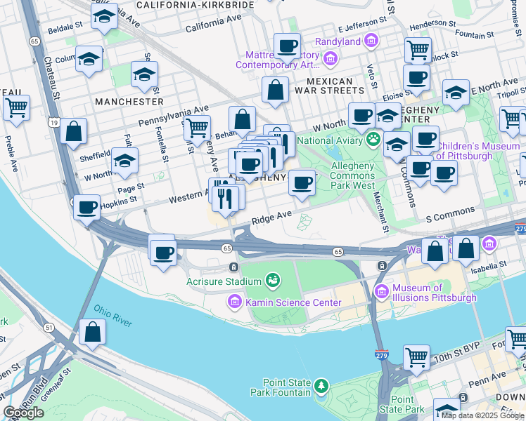 map of restaurants, bars, coffee shops, grocery stores, and more near 900 Ridge Avenue in Pittsburgh