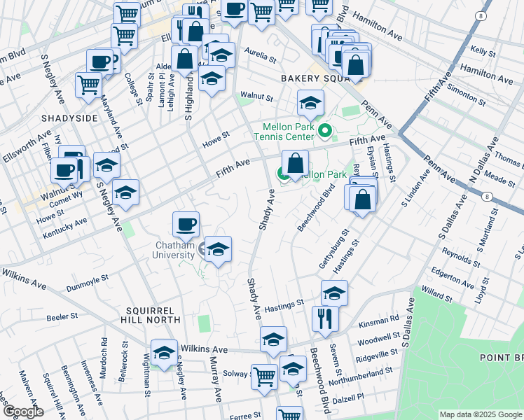 map of restaurants, bars, coffee shops, grocery stores, and more near 1043 Highmont Road in Pittsburgh