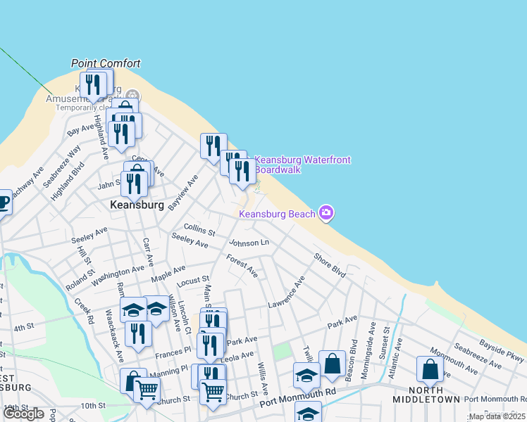 map of restaurants, bars, coffee shops, grocery stores, and more near 23 Seaside Place in Keansburg