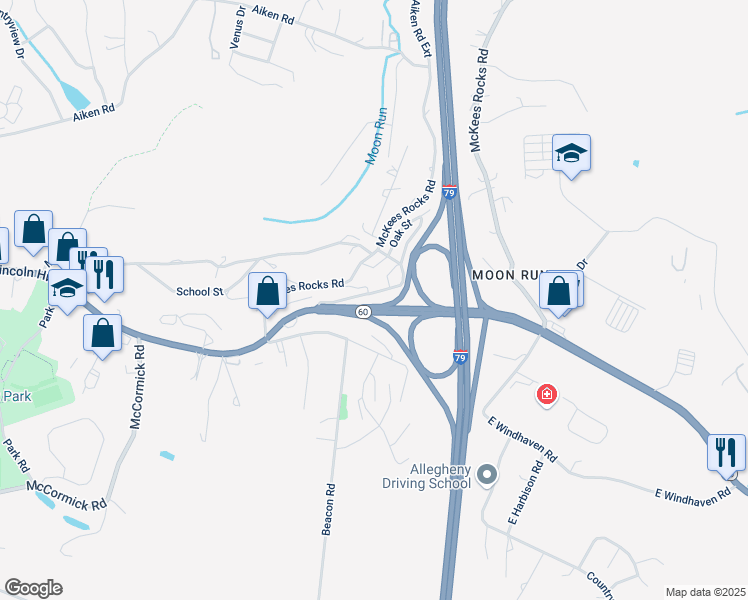 map of restaurants, bars, coffee shops, grocery stores, and more near 1467 Old Steubenville Pike in Pittsburgh