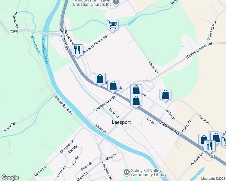 map of restaurants, bars, coffee shops, grocery stores, and more near 121 North Centre Avenue in Leesport