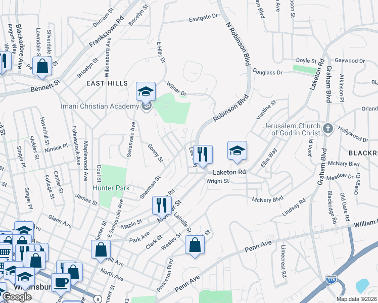 map of restaurants, bars, coffee shops, grocery stores, and more near 1950 Remington Drive in Pittsburgh
