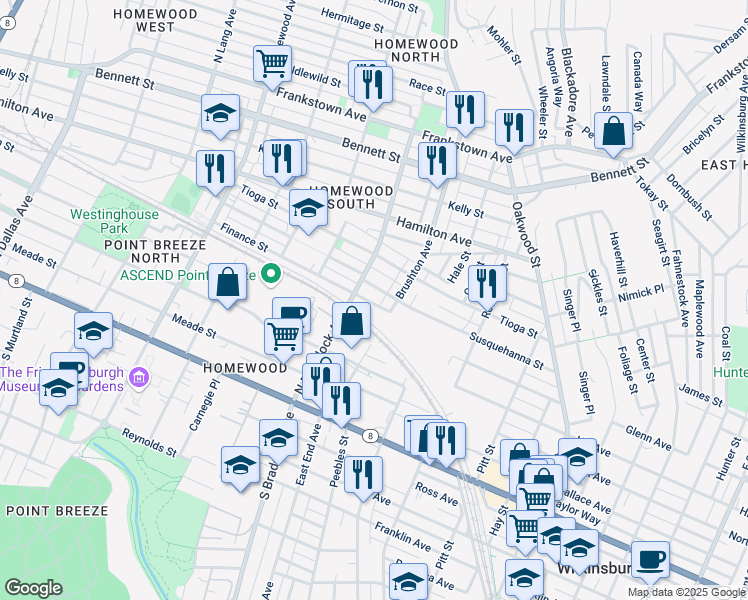 map of restaurants, bars, coffee shops, grocery stores, and more near 7626 Susquehanna Street in Pittsburgh