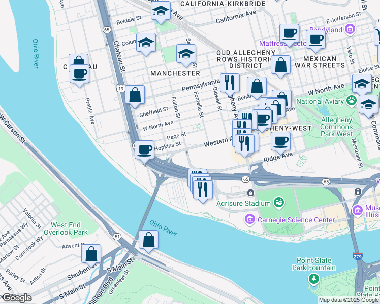 map of restaurants, bars, coffee shops, grocery stores, and more near 1241 Western Avenue in Pittsburgh