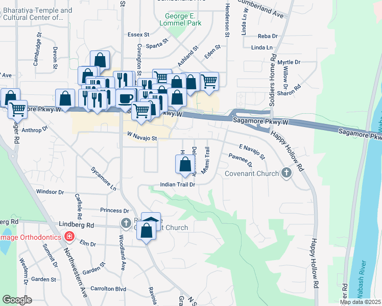 map of restaurants, bars, coffee shops, grocery stores, and more near 2233 Delaware Dr in West Lafayette