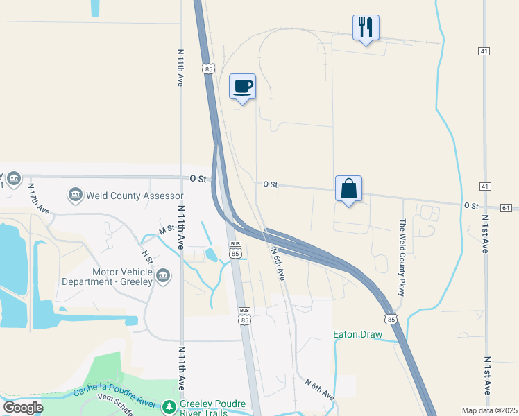 map of restaurants, bars, coffee shops, grocery stores, and more near 1351-1599 North 6th Avenue in Greeley