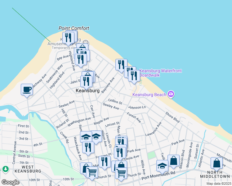 map of restaurants, bars, coffee shops, grocery stores, and more near 38 Center Avenue in Keansburg