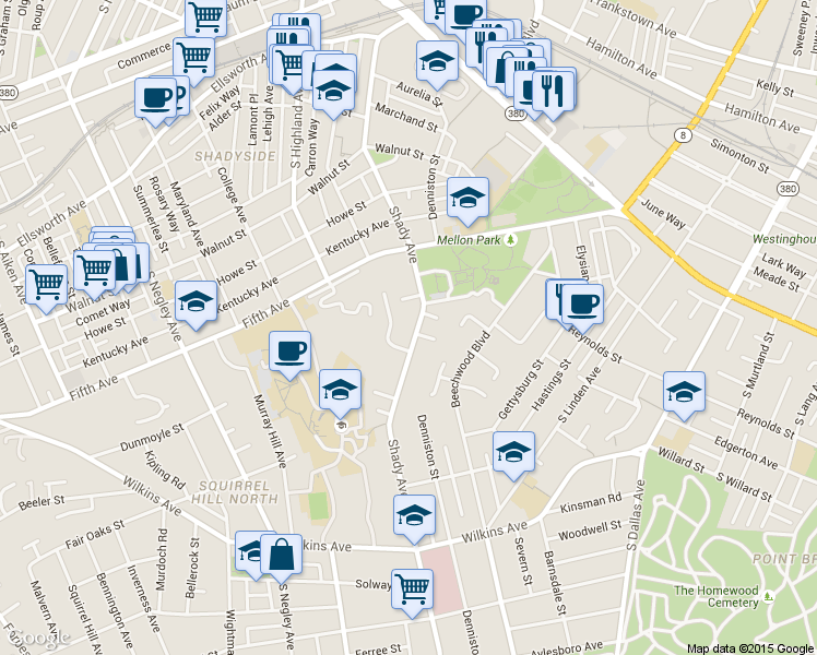 map of restaurants, bars, coffee shops, grocery stores, and more near 1043 Highmont Road in Pittsburgh
