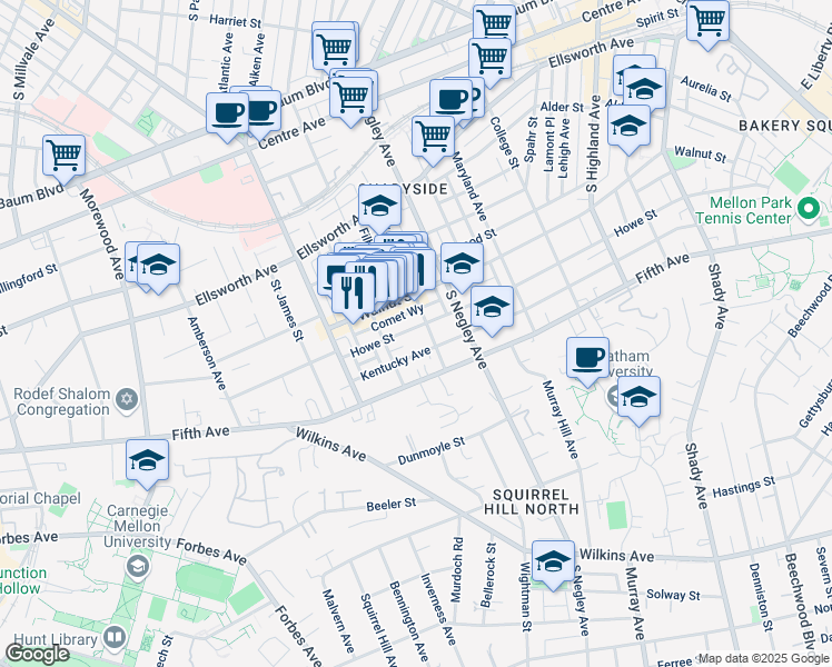 map of restaurants, bars, coffee shops, grocery stores, and more near 5526 Howe Street in Pittsburgh