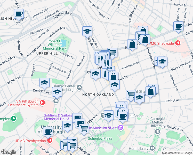 map of restaurants, bars, coffee shops, grocery stores, and more near 259 North Dithridge Street in Pittsburgh