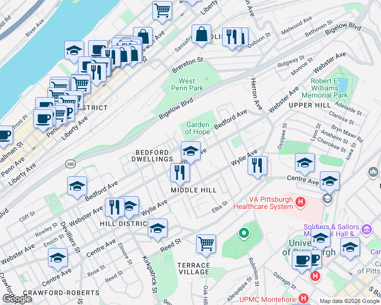 map of restaurants, bars, coffee shops, grocery stores, and more near 2605 Webster Avenue in Pittsburgh