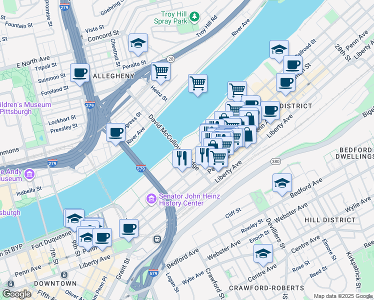 map of restaurants, bars, coffee shops, grocery stores, and more near 58 16th Street in Pittsburgh