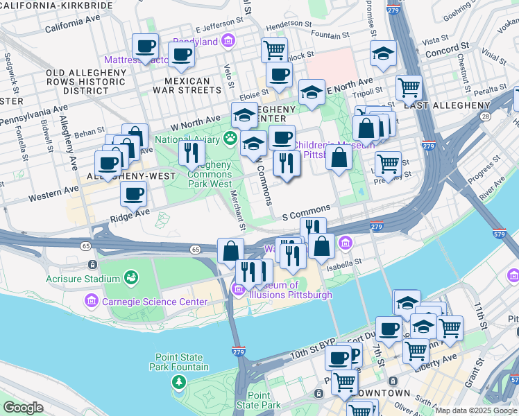map of restaurants, bars, coffee shops, grocery stores, and more near 401 West Commons in Pittsburgh