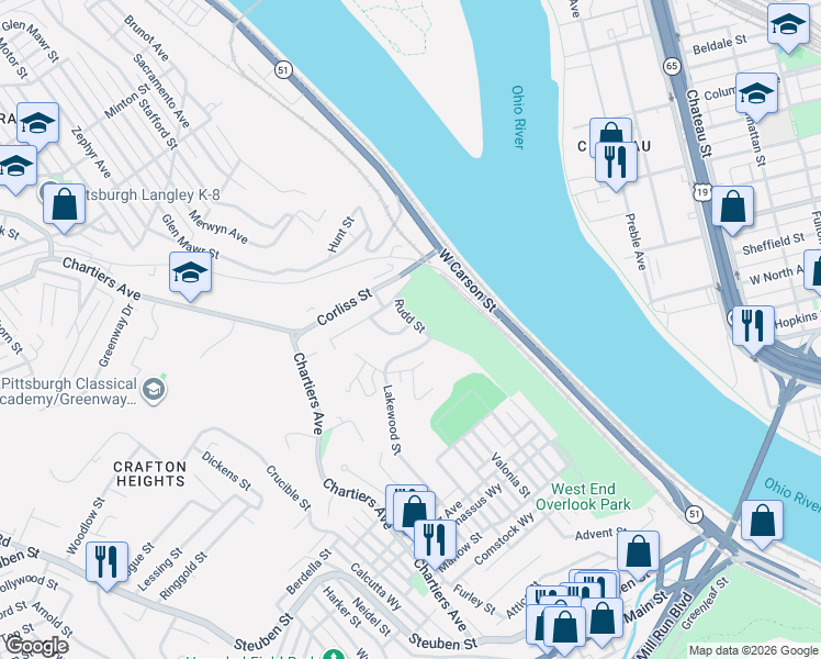 map of restaurants, bars, coffee shops, grocery stores, and more near 1347 Lakewood Avenue in Pittsburgh