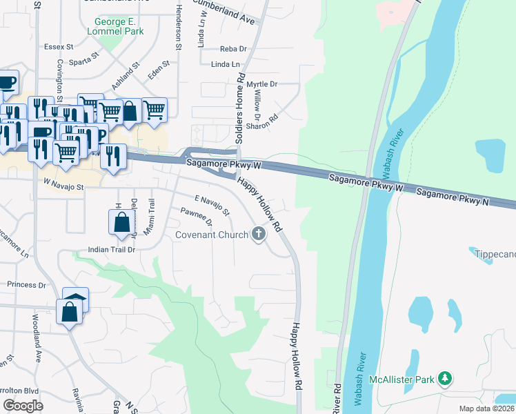 map of restaurants, bars, coffee shops, grocery stores, and more near 144 Knox Drive in West Lafayette
