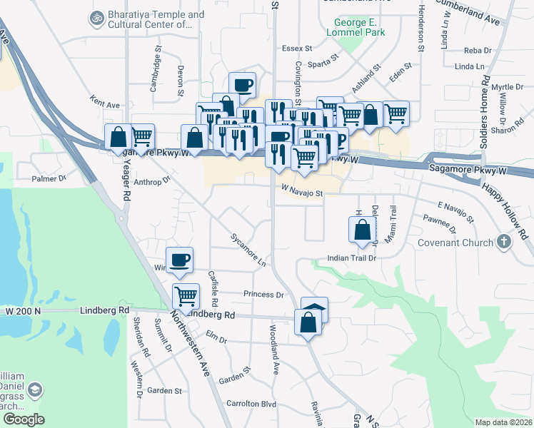 map of restaurants, bars, coffee shops, grocery stores, and more near 2201 North Salisbury Street in West Lafayette