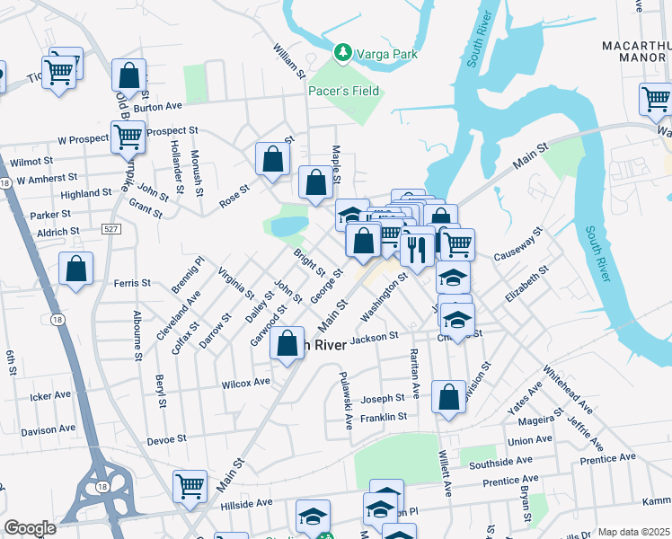 map of restaurants, bars, coffee shops, grocery stores, and more near 33 George Street in South River