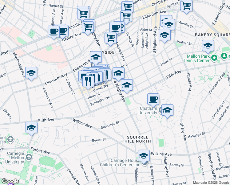 map of restaurants, bars, coffee shops, grocery stores, and more near 5619 Kentucky Avenue in Pittsburgh
