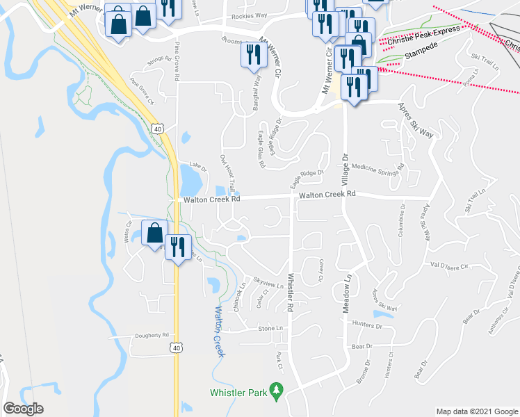 map of restaurants, bars, coffee shops, grocery stores, and more near 1402 Morgan Court in Steamboat Springs