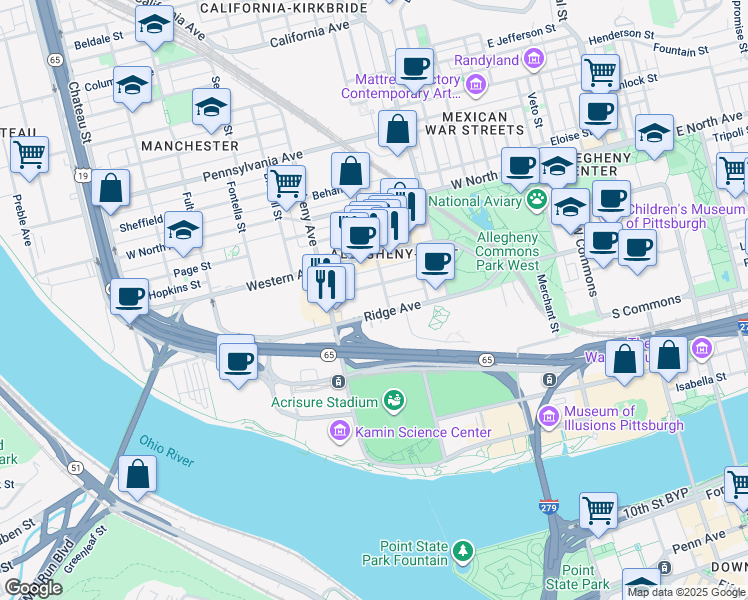 map of restaurants, bars, coffee shops, grocery stores, and more near 900 Ridge Avenue in Pittsburgh