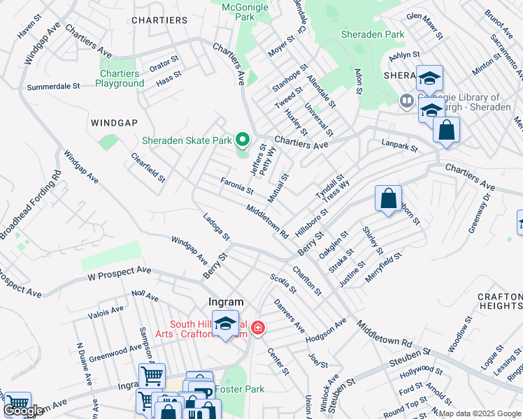 map of restaurants, bars, coffee shops, grocery stores, and more near 3100 Middletown Road in Pittsburgh