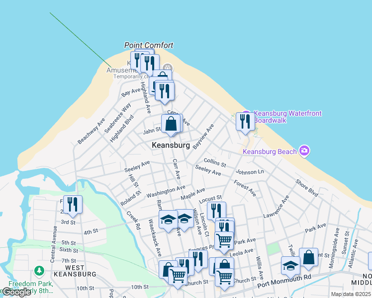map of restaurants, bars, coffee shops, grocery stores, and more near 130 Raritan Ave in Keansburg