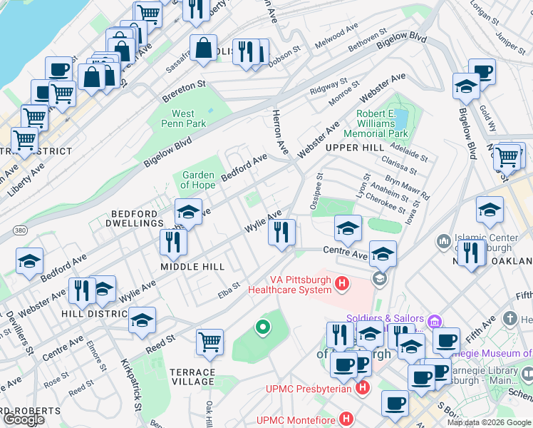 map of restaurants, bars, coffee shops, grocery stores, and more near 2847 Wylie Avenue in Pittsburgh