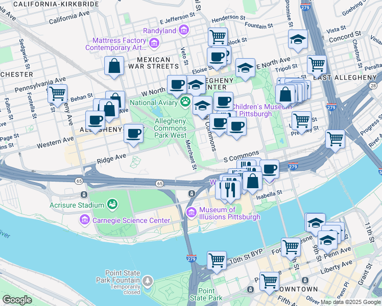 map of restaurants, bars, coffee shops, grocery stores, and more near 503 Merchant Street in Pittsburgh