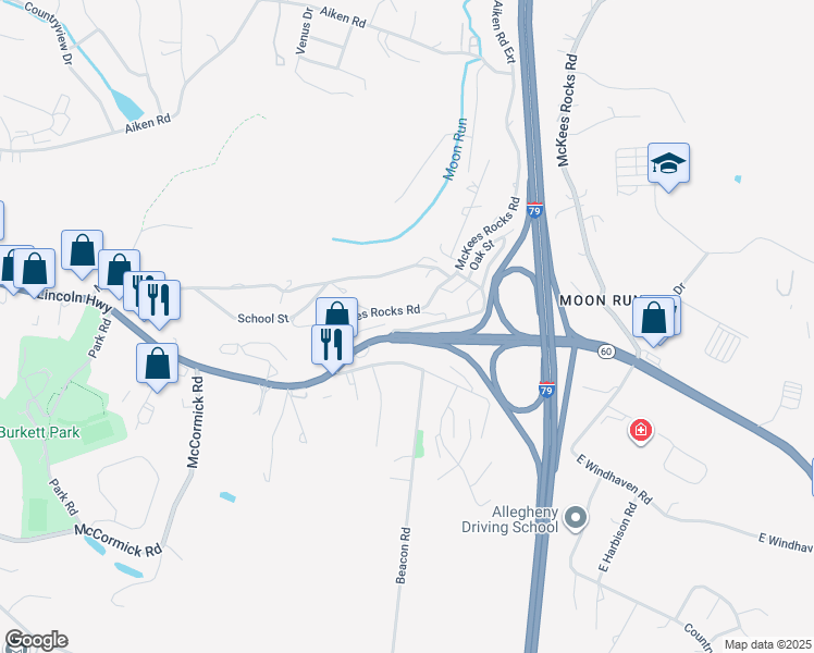 map of restaurants, bars, coffee shops, grocery stores, and more near 1484 Old Steubenville Pike in Pittsburgh