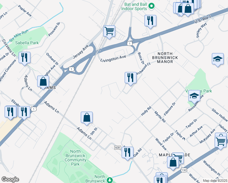 map of restaurants, bars, coffee shops, grocery stores, and more near 4208 Birchwood Court in North Brunswick Township